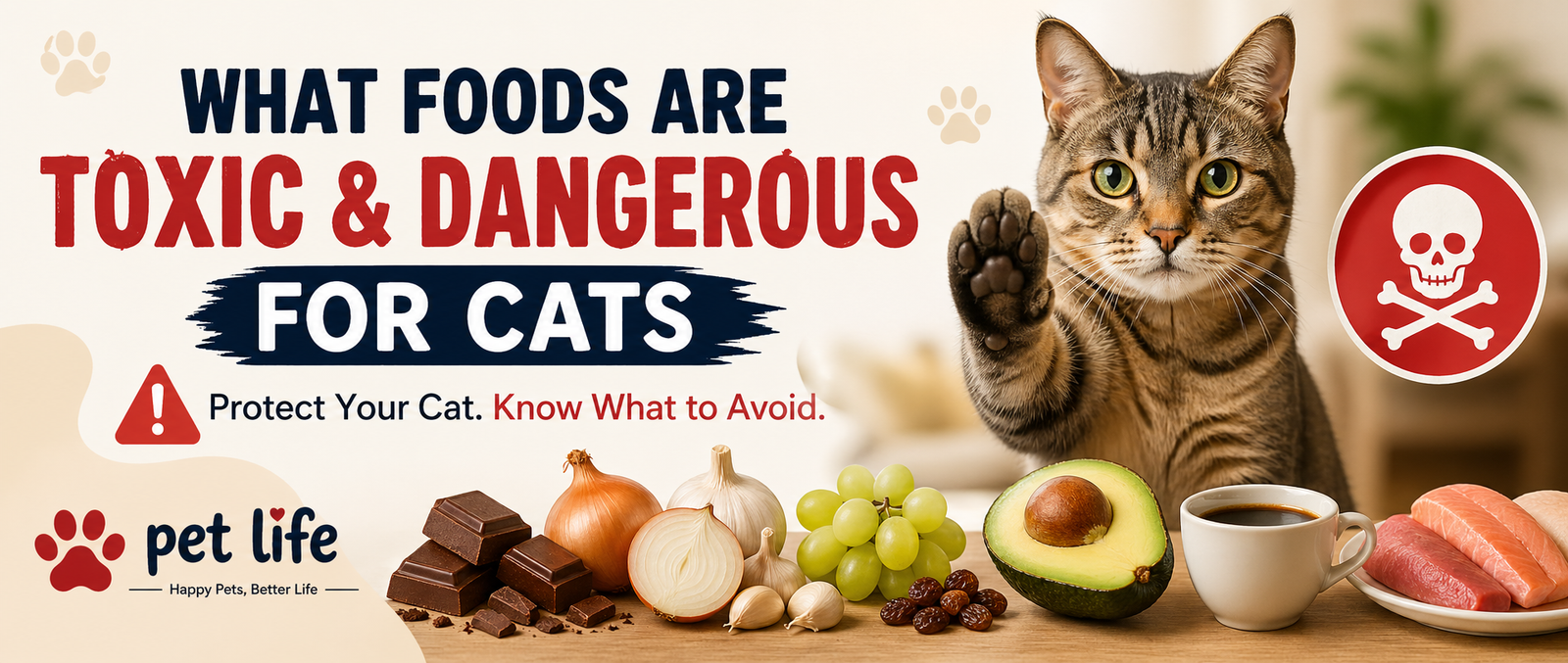 What Foods Are Toxic and Dangerous for Cats Cats are curious by nature, and they often show interest in human food. However, not all foods are safe for them. In fact, some everyday items can be extremely harmful or even fatal. Understanding what foods are toxic and dangerous for cats is essential for every pet owner who wants to keep their furry companion safe and healthy. In this guide by what foods are toxic and dangerous for cats, we’ll explore the most dangerous foods, their effects, and how to protect your cat. Why Some Foods Are Dangerous for Cats Cats have a different metabolism compared to humans. Their bodies cannot process certain compounds found in common foods. Even small amounts of toxic food can cause severe health problems such as: Vomiting and diarrhea Organ failure Breathing difficulties Seizures Death in extreme cases Top Foods That Are Toxic and Dangerous for Cats 1. Chocolate Chocolate contains theobromine and caffeine, both toxic to cats. Even a small piece can cause: Rapid heart rate Tremors Seizures 2. Onions and Garlic These ingredients damage red blood cells and can lead to anemia. They are dangerous in all forms—raw, cooked, or powdered. 3. Milk and Dairy Products Contrary to popular belief, many cats are lactose intolerant. Dairy can cause: Stomach upset Diarrhea 4. Grapes and Raisins Even small quantities can lead to kidney failure in cats. Symptoms may include: Lethargy Vomiting Loss of appetite 5. Alcohol Alcohol is extremely toxic and affects a cat’s nervous system. Even a small amount can result in: Disorientation Breathing issues Coma 6. Raw Eggs, Meat, and Fish Raw foods may contain harmful bacteria like Salmonella or E. coli. Raw fish also contains enzymes that destroy essential vitamins. 7. Caffeine Found in coffee, tea, and energy drinks, caffeine can cause: Restlessness Rapid breathing Heart palpitations 8. Xylitol (Artificial Sweetener) Often found in sugar-free products, xylitol can lead to: Insulin release Low blood sugar Liver failure 9. Bones and Fat Trimmings Cooked bones can splinter and cause choking or internal injuries, while fat trimmings may lead to pancreatitis. 10. Dog Food Feeding cats dog food regularly can cause nutritional deficiencies, as it lacks essential nutrients like taurine. Signs Your Cat Has Eaten Something Toxic If your cat consumes dangerous food, watch for these warning signs: Vomiting or diarrhea Weakness or lethargy Difficulty breathing Seizures Loss of coordination If you notice any of these symptoms, contact a veterinarian immediately. How to Keep Your Cat Safe Preventing exposure is the best way to protect your cat. Here are some simple tips: Store food securely out of reach Avoid feeding table scraps Educate family members about toxic foods Check ingredient labels carefully Keep trash bins covered Safe Alternatives for Cats Instead of risky human foods, offer safe treats like: Cooked chicken (plain) Cooked fish (boneless) Commercial cat treats Small portions of cat-safe fruits like blueberries Conclusion Knowing what foods are toxic and dangerous for cats is crucial for responsible pet ownership. While it may be tempting to share your meals, many human foods can seriously harm your cat. By staying informed and cautious, you can ensure your feline friend lives a long, healthy, and happy life.